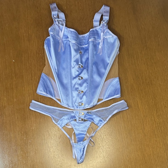 Honey Birdette Blue Satin Corset Lingerie Set